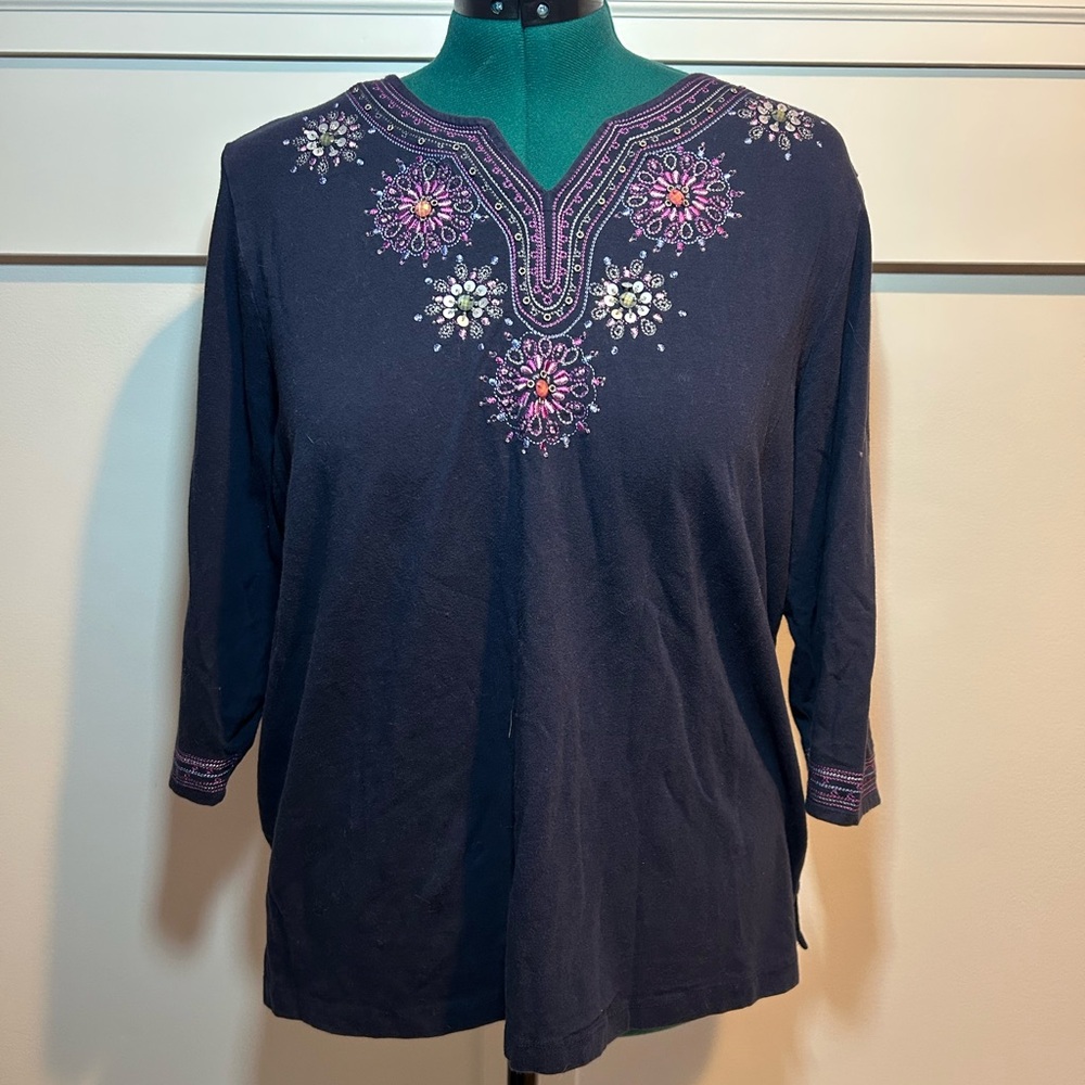 Alfred Dunner Navy Top with Pink Embroidery